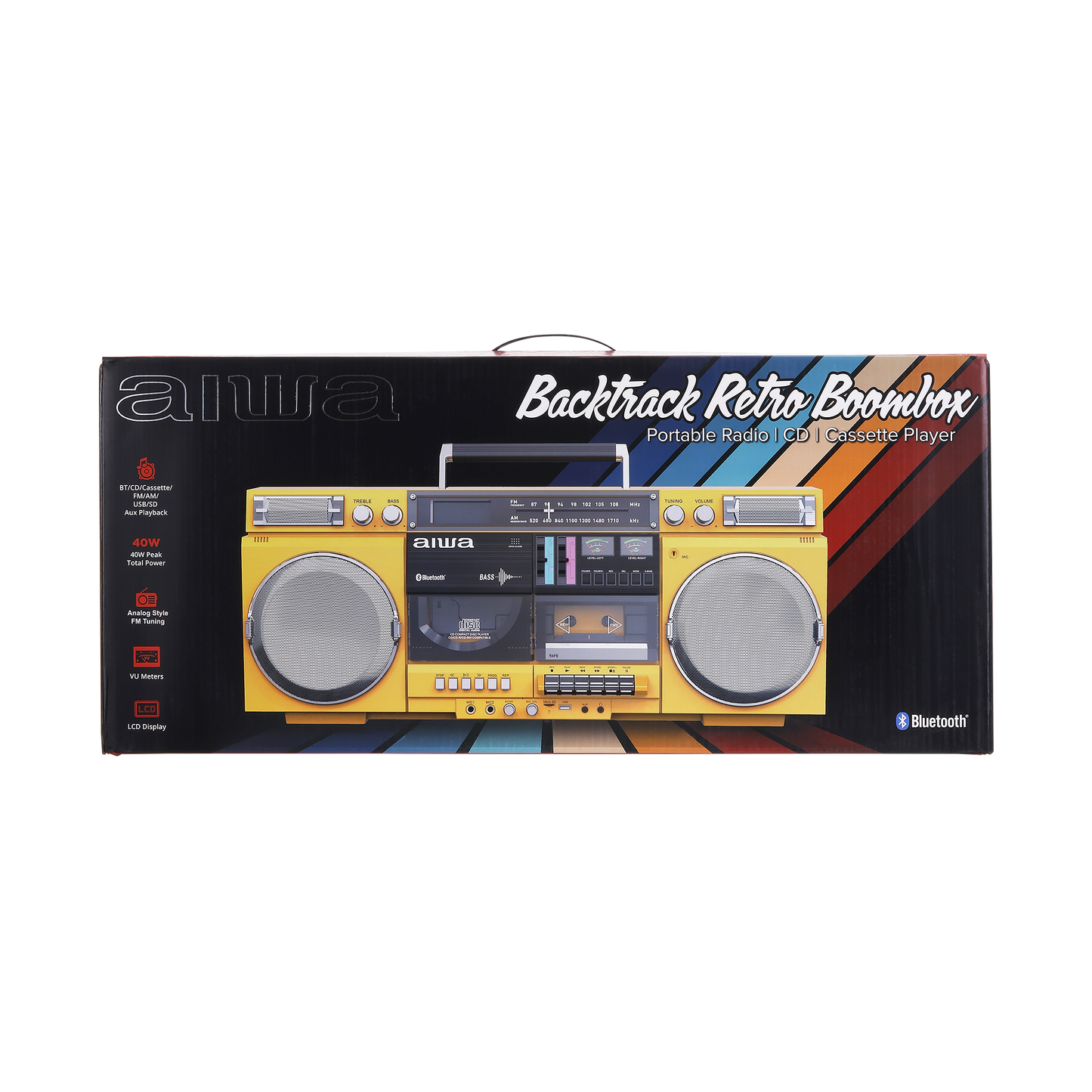 Aiwa Backtrack Retro Boombox with Bluetooth, Yellow - lateral
